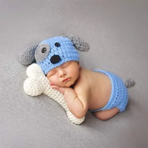 Vista 7 de Traje de bebé recién nacido, accesorios para fotos, trajes de ganchillo de punto azul con gorro de perro, pantalones cortos con hueso para niños