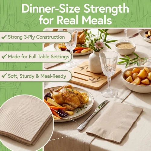 Vista 2 de Servilletas compostables 100% bambú (paquete de 50) Servilletas resistentes para almuerzo, cena, eventos, ocasiones y entretenimiento, ecológicas