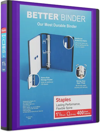 Vista 96 de Carpeta con anillos en forma de "D" de 1 pulgada para mejor visualización Staples, Negro