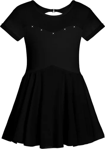 Vista 5 de Phineein Leotardos de ballet de manga corta para niñas, leotardos de baile con espalda hueca con falda Negro