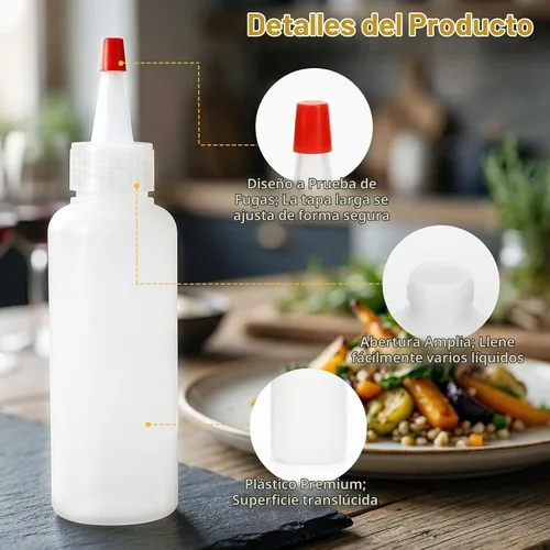 Vista 5 de 5 botellas de plástico para exprimir condimentos, botellas de 4 onzas con tapa superior roja giratoria, botella de plástico vacía para salsas