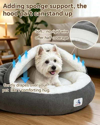 Vista 2 de Cama calmante y acogedora para cueva de perro, madriguera para No se pliega, funda con capucha, camas de capullo lavables, perros medianos y gatos