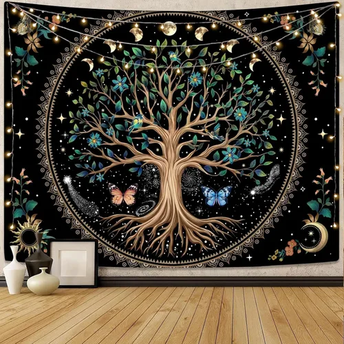 Vista 22 de Lunerfex Tapiz de árbol de la vida, tapiz de pared de fase lunar, tapices verdes para dormitorio, techo, tapices para colgar en la pared