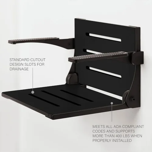 Vista 3 de Seachrome Silhouette Comfort Banco de Ducha Plegable de Montaje en Pared con Brazos, Asiento Negro con Marco Negro Mate Asiento negro con marco