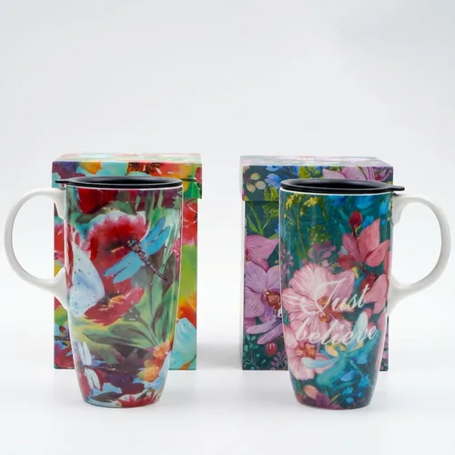 Vista 10 de DUSVALLY Taza de viaje de cerámica de 17oz con tapa, taza de café floral Azul