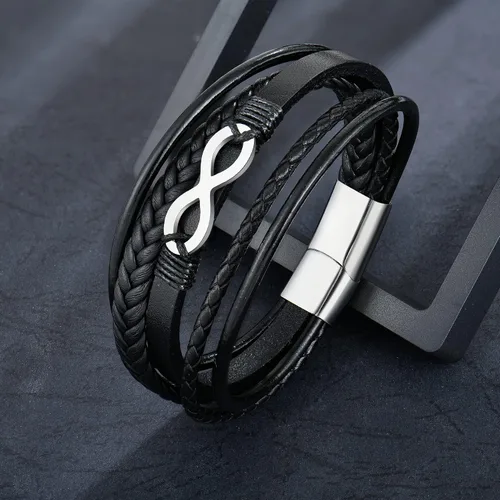 Vista 4 de Raymard Pulsera de cuero multicapa para hombre, 8.5 pulgadas, color negro o marrón, para hombre