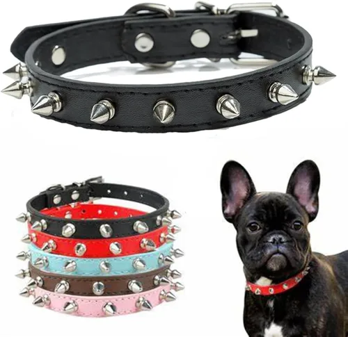 Vista 2 de Collar de perro con pinchos para perros pequeños, remache de hongos, piel sintética suave, collar con tachuelas para gato, collar ajustable