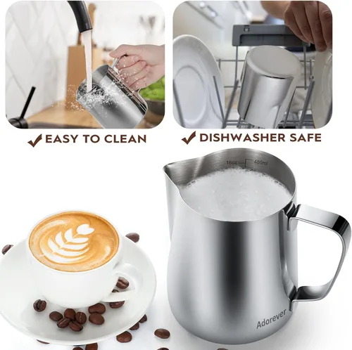 Vista 5 de Adorever Jarra espumadora de leche, taza espumadora de leche de acero inoxidable de 16 onzas y 16.2 fl oz, barra de café, cafetera de capuchino