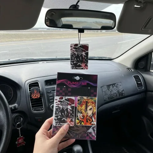 Vista 4 de PumpCar Ambientador japonés de doble cara Kamado Tanjiro Kyojuro Rengoku japonés colgante de cereza perfumado Anime Cool para espejo retrovisor