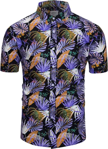 Vista 17 de TUNEVUSE - Camisa de manga corta para hombre con botones, diseño floral, camisa hawaiana de playa de verano de algodón Estampado de plátano.