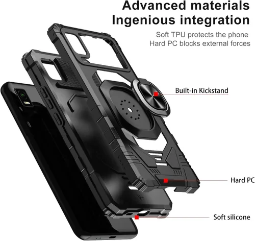 Vista 7 de Funda compatible con Cricket Vision Plus con protector de pantalla de vidrio templado [grado militar] anillo de montaje en coche con soporte a Negro