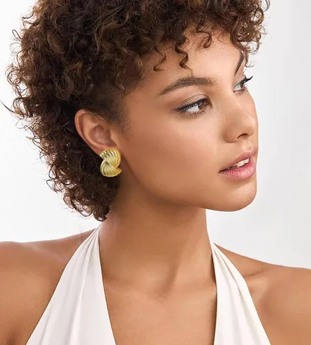 Vista 2 de Aretes gruesos de oro vintage, con concha dorada, geométricos, hipoalergénicos, joyería para mujer, regalos para ella