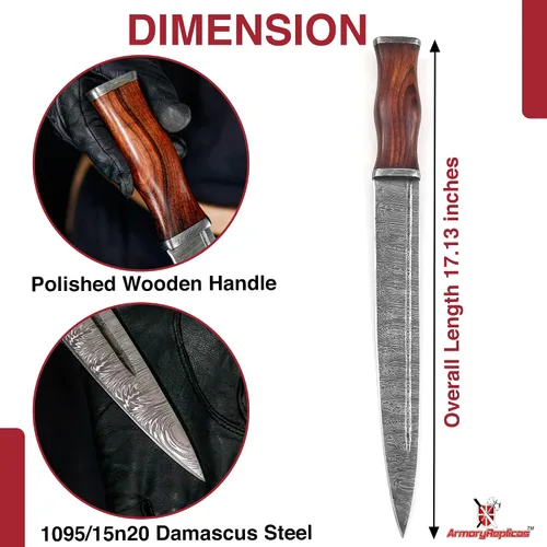 Vista 2 de Armory Replicas Hometown - Cuchillo de daga de hoja de acero Damasco con mango de madera de nogal y funda de cuero genuino