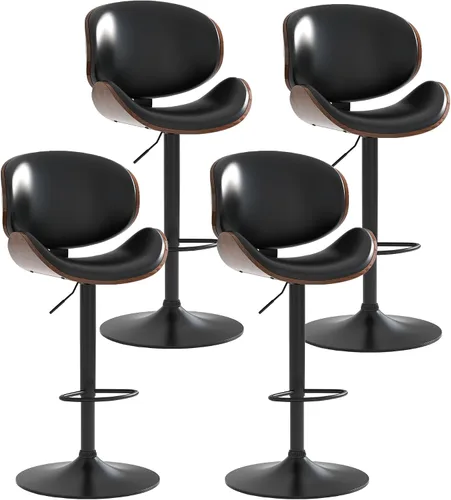 Vista 10 de Juego de 2 taburetes de bar giratorios ajustables, modernos taburetes de bar de madera curvada con base de metal grande y reposapiés, silla de bar