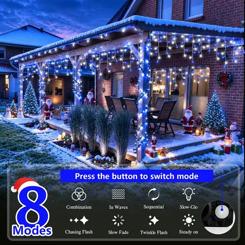 Vista 4 de Luces de carámbano azules y blancas para exteriores, tira de 400 luces LED de 33 pies para interiores, 8 modos conectables, luz de Navidad de Azul
