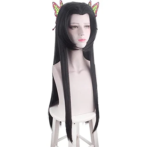 Vista 2 de Kocho Kanae Cosplay peluca con dos clips de mariposa resistente al calor pelo sintético con gorra de peluca