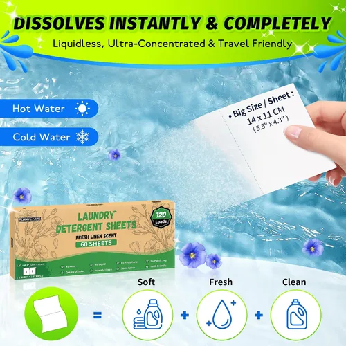 Vista 2 de Sábanas de detergente para ropa – Fresh Linen 120 Cargas de detergente para ropa sucia a granel, detergente de viaje a granel, ecológicas e