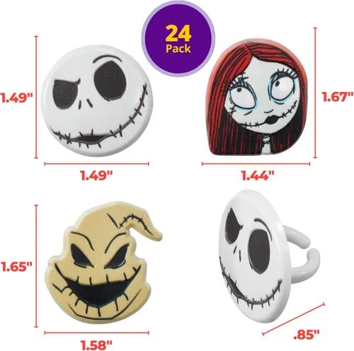 Vista 3 de DecoPac Anillos de The Nightmare Before Christmas, decoraciones de cupcakes con Jack, Sally y Oogie Boogie, paquete de 24