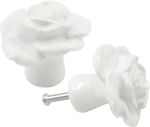 Vista 5 de Bonsicoky 2 tiradores de cajón de rosas blancas, pomos de cerámica para decoración de cajones, gabinetes, aparadores, armarios, puertas Blanco