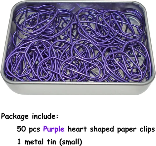 Vista 2 de Clips de papel de corazón morado (50 unidades), regalos de agradecimiento al maestro del día de la madre Package in a metal box, heart shaped