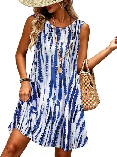 Vista 29 de elescat Vestidos de verano para mujer 2025, vestido casual de playa sin mangas con estampado floral, tipo camiseta, suelto y con bolsillos