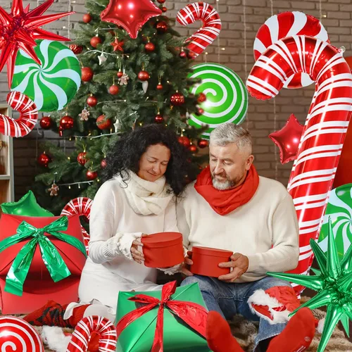 Vista 4 de 32 globos de papel de aluminio de Navidad, globos grandes de remolino de bastón de caramelo, globos de papel de aluminio de estrella y cajas