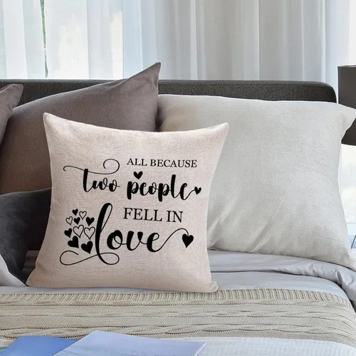 Vista 5 de Fundas de almohada de San Valentín de 16 x 16 pulgadas, con texto en inglés «All Because Two People Fell in Love», fundas de almohada de lino