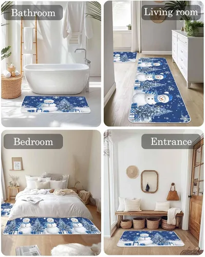 Vista 6 de Prime Leader Juego de 2 tapetes de cocina con diseño de muñeco de nieve de Navidad, copos de nieve, azul marino, antideslizantes, tapetes lavables
