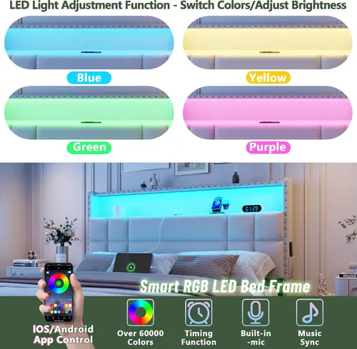 Vista 5 de Forestell Base de cama Queen con 4 cajones y cabecera de almacenamiento, base de cama tapizada tamaño Queen con luces LED y estación de carga Beige
