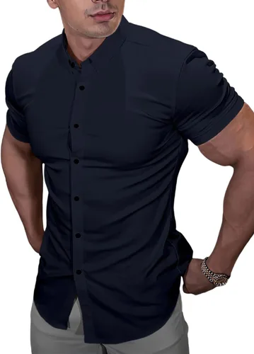 Vista 5 de Casual Men's Muscle Fit Dress Shirts Short Sleeve Athletic Fit Button Down Shirts
