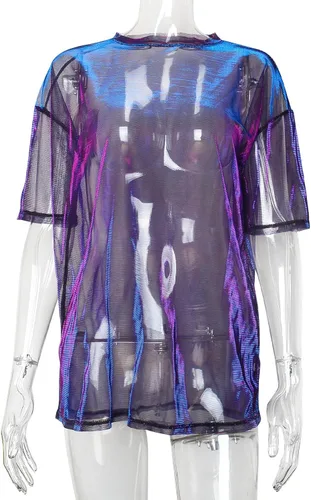 Vista 4 de Kyerivs Camiseta de malla metálica, talla grande, manga corta, transparente, blusa para concierto, traje de rave para mujer