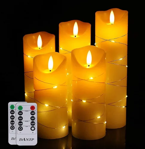 Vista 10 de danip Vela LED sin llama azul cielo con cuerda de luz de estrellas integrada, 3 velas LED, control remoto de 11 teclas, función de temporizador