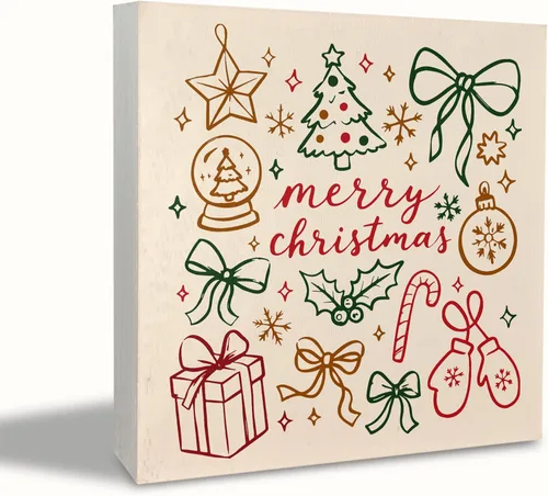 Vista 7 de KEUSPI Cartel de madera rústica rosa con texto en inglés "Merry Christmas", decoración de escritorio de Navidad preparada, árbol de Navidad, caballo