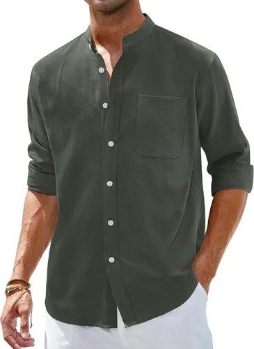 Vista 9 de Alimens & Gentle Camisas de algodón y lino para hombre, camisa de manga larga con botones, cuello de banda, camisas de playa