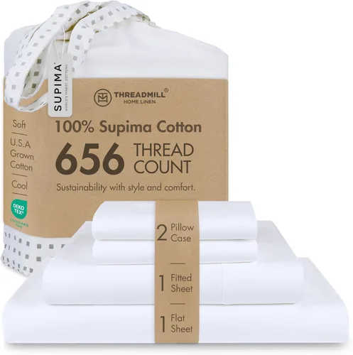 Vista 12 de Threadmill - Juego de sábanas tamaño individual 656 hilos 100% algodón Supima para colchón individual Juego de sábanas de satén sólido para cama