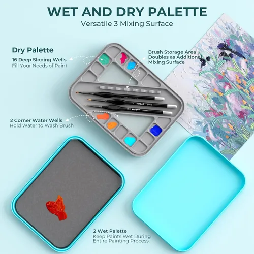 Vista 6 de Nicpro Paleta Stay Wet para kit de pintura acrílica en miniatura, paletas de bandeja de pintura con 100 piezas de papel de paleta, 4 esponjas