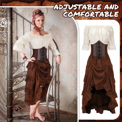 Vista 6 de Suhine Disfraz de pirata renacentista para mujer, traje victoriano medieval de 3 piezas, falda alta y baja, blusa con corsé vikingo