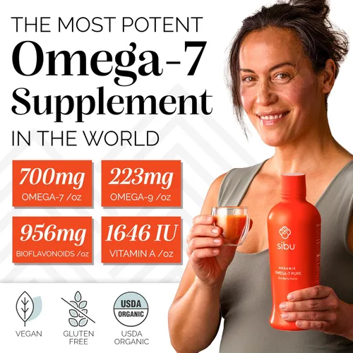 Vista 2 de sibu Omega-7 puro, 100% puro jugo de espino amarillo (32 onzas) USDA Orgánico 650mg Omega-7 per ounce. Supports skin, hair and nail health.