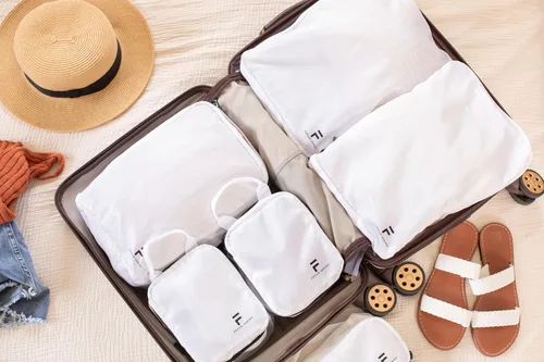 Vista 6 de Juego de 8 cubos de compresión de embalaje Diseño de doble capacidad para viajes Tamaños pequeños, medianos y grandes Bolsas organizadoras