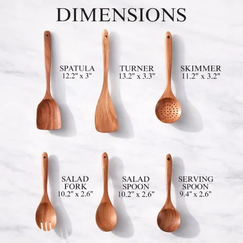Vista 2 de Juego de utensilios de madera de 6 piezas – Cucharas y espátulas de madera de teca premium, antiadherentes, resistentes al calor, duraderas