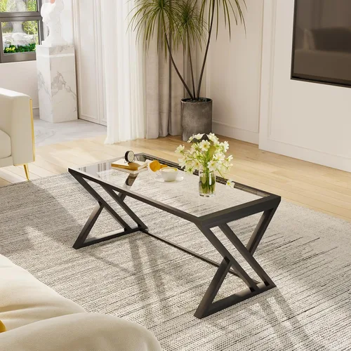 Vista 5 de Mesa de café Wolawu de vidrio negro para sala de estar, mesa central rectangular moderna con marco de metal resistente, mesa de té de vidrio