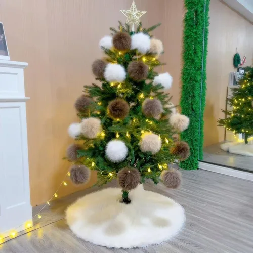 Vista 5 de Falda de Árbol de Navidad de 24 Pulgadas - Falda de Árbol de Piel Sintética Esponjosa Beige Blanca, Decoración Navideña de Felpa de Color Toka