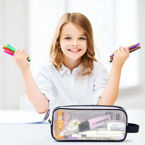 Vista 5 de Estuche grande de malla de malla con 2 compartimentos, bolsa transparente para lápices con cremallera, bolsa de papelería transparente multifunción