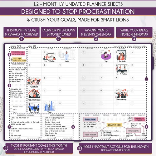 Vista 5 de Life Planner - Agenda diaria, semanal y mensual sin fecha con sección de presupuesto, un viaje de 12 meses para aumentar la productividad