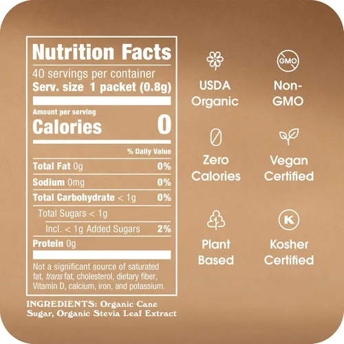 Vista 2 de Stevia In The Raw - Paquetes de edulcorante orgánico de stevia, 40 unidades, cero calorías, paquetes sustitutivos de azúcar de stevia, sin eritritol