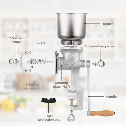 Vista 5 de Molinillo manual de maíz de alta tolva – Molinillo de grano de hierro para café, cebada, bayas de trigo, garbanzos, pimienta, frijoles secos