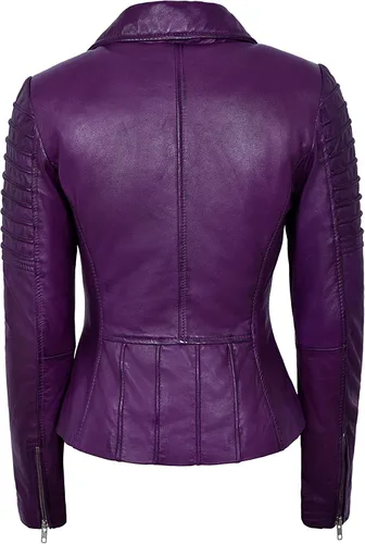 Vista 4 de Chaqueta de piel auténtica para mujer, elegante, diseño de moda, suave, estilo motociclista, estilo 9334