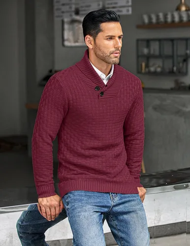 Vista 2 de COOFANDY Suéter de punto con cuello de chal para hombre, estilo casual, ajustado, con botones, texturizado