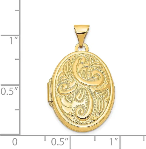 Vista 5 de Collar de cadena con dije ovalado de oro amarillo de 14 quilates con diseño de pergamino de foto que sostiene fotos, joyería fina para mujeres
