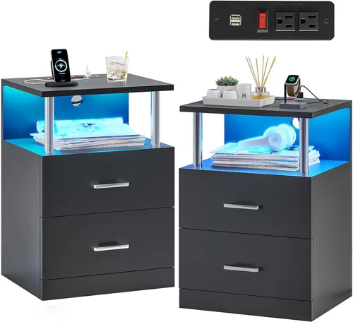 Vista 12 de VIAGDO - Mesa de noche negra con estación de carga y puertos USB, mesa de noche LED con 2 cajones, mesas de cabecera modernas con almacenamiento